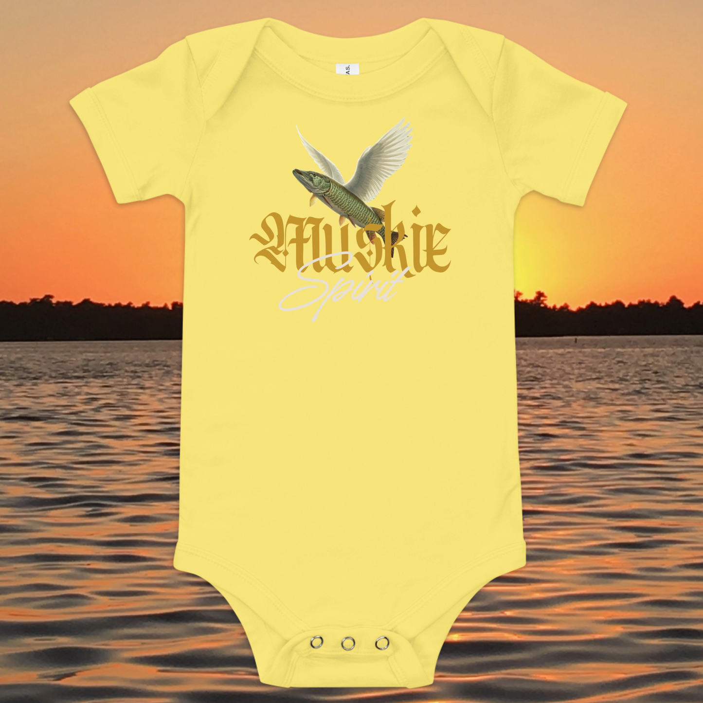 baby bodysuit muskie spirit fishing design with winged fish graphic