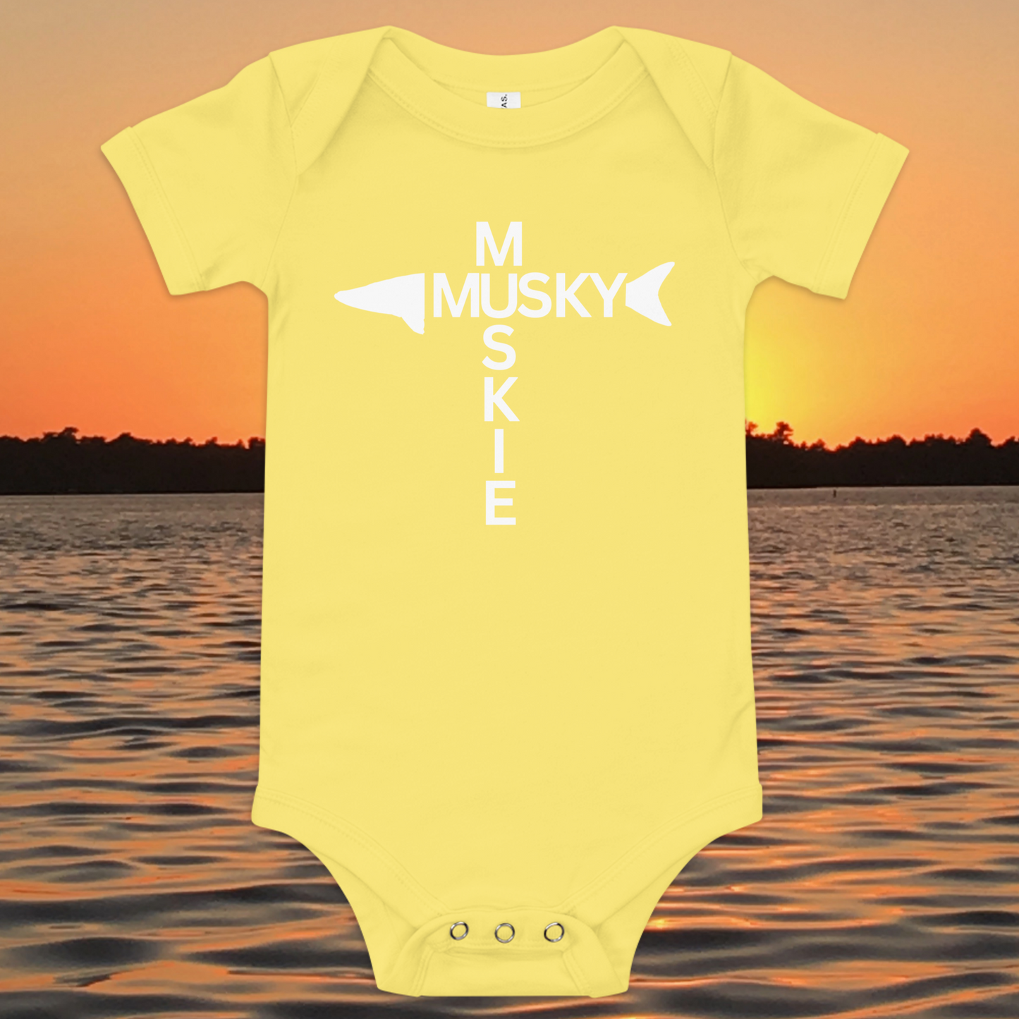 baby bodysuit minimalist musky fishing design vertical text layout