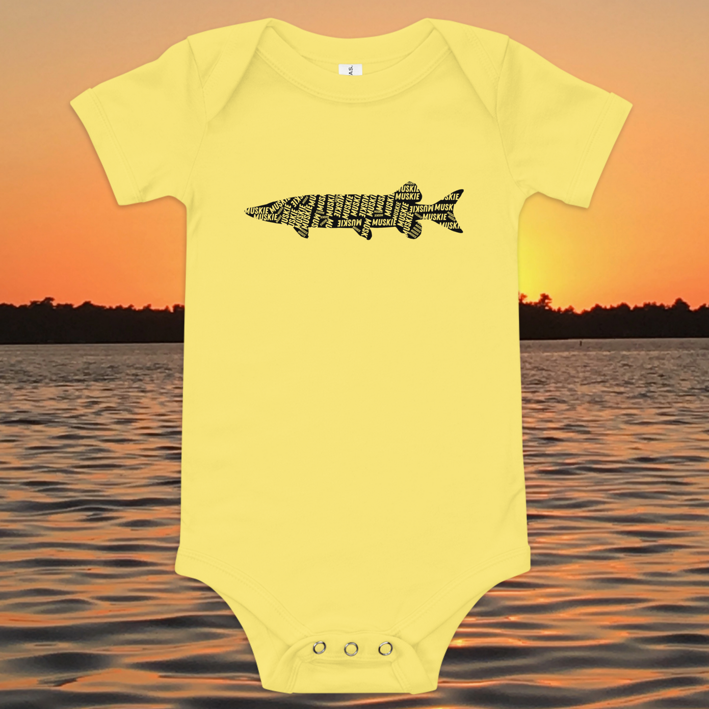 baby musky onesie with muskie silhouette text design

