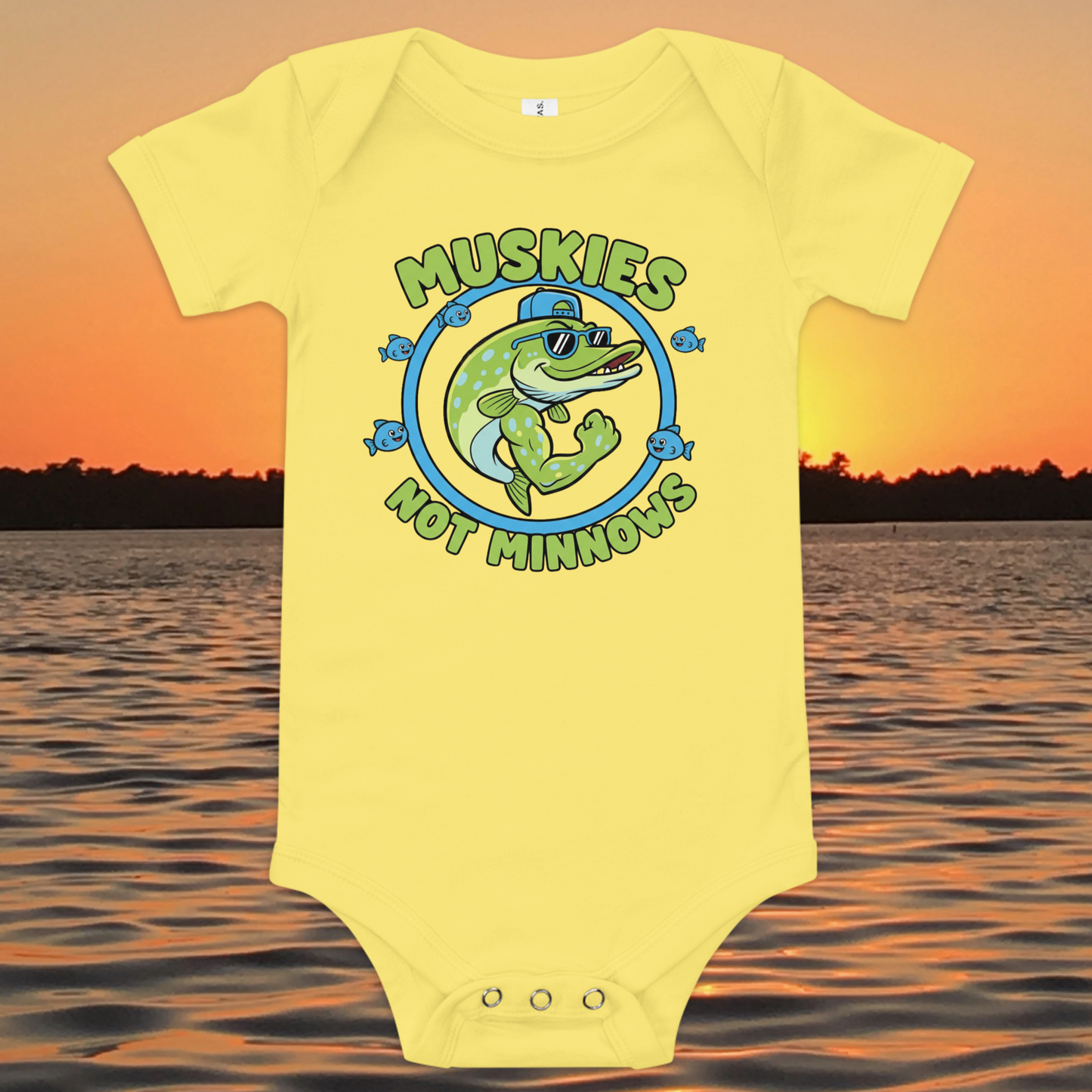 baby fishing onesie with cartoon muskie and muskies not minnows text

