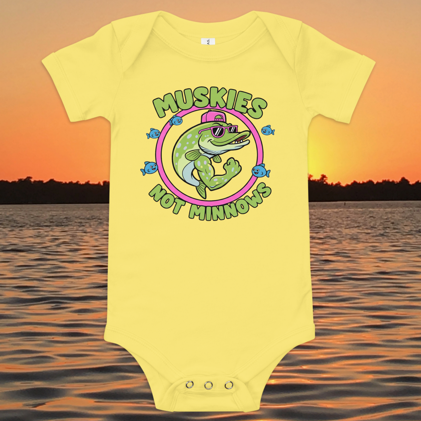 baby fishing onesie with cartoon muskie and muskies not minnows text design
