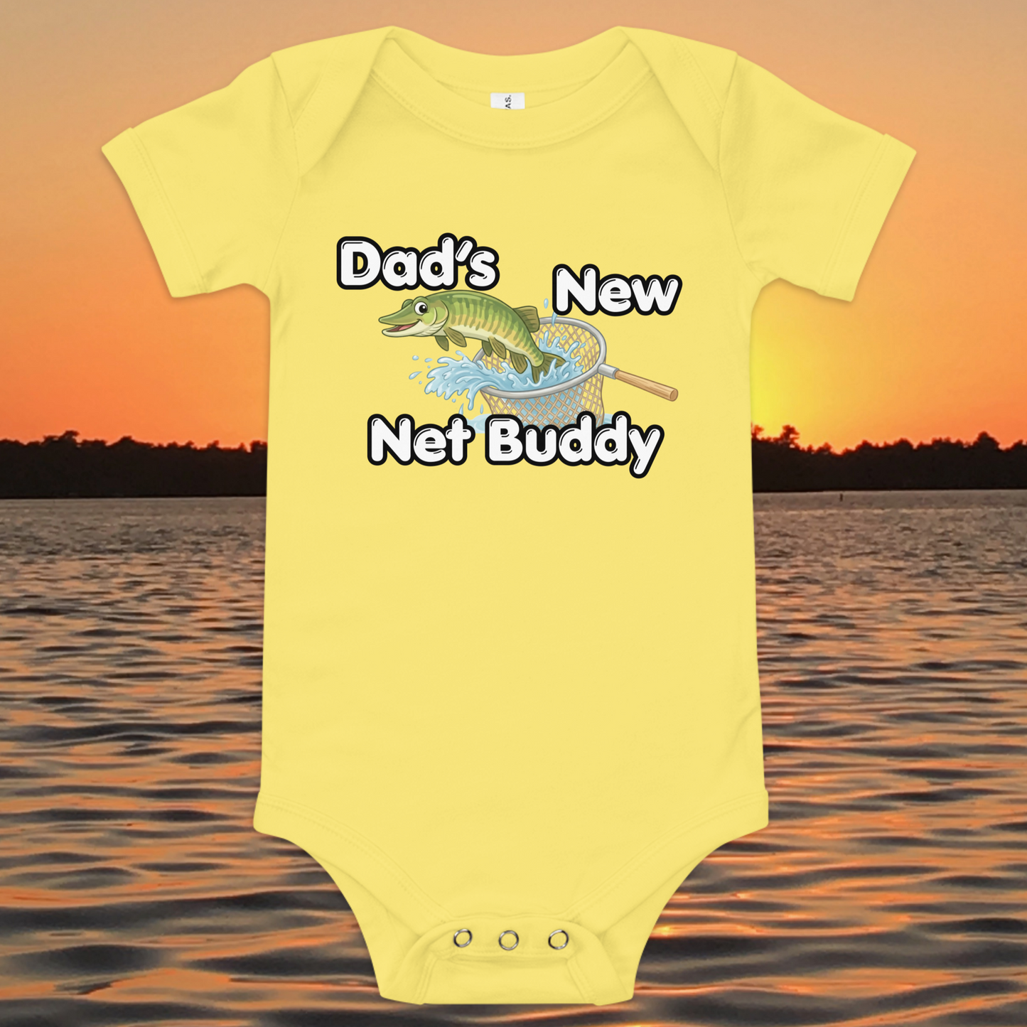 Dad’s New Net Buddy baby onesie with musky fish design, funny fishing baby bodysuit gift for dad