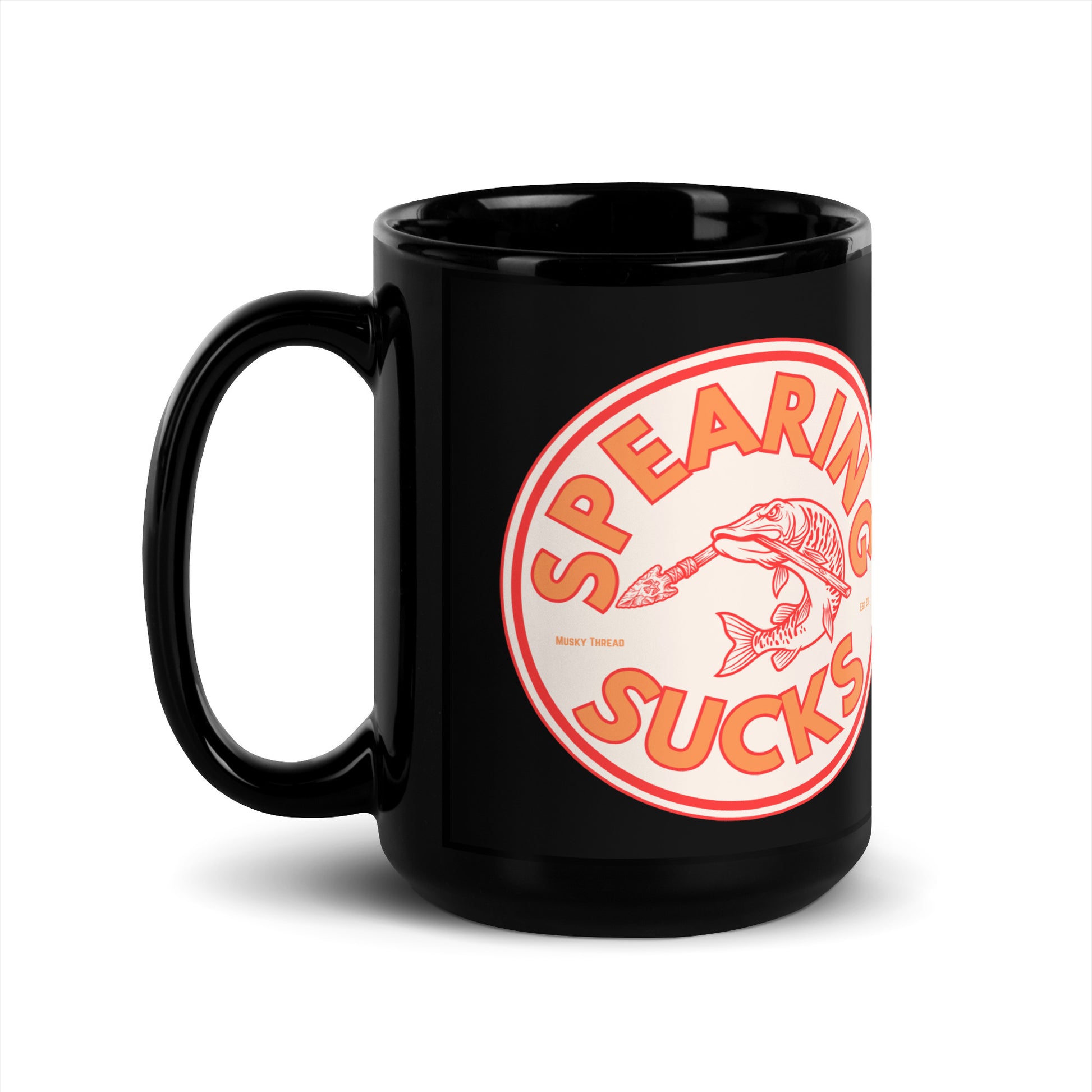 Black 15oz mug with Spearing Sucks musky fishing badge design in orange and red - Musky Thread
