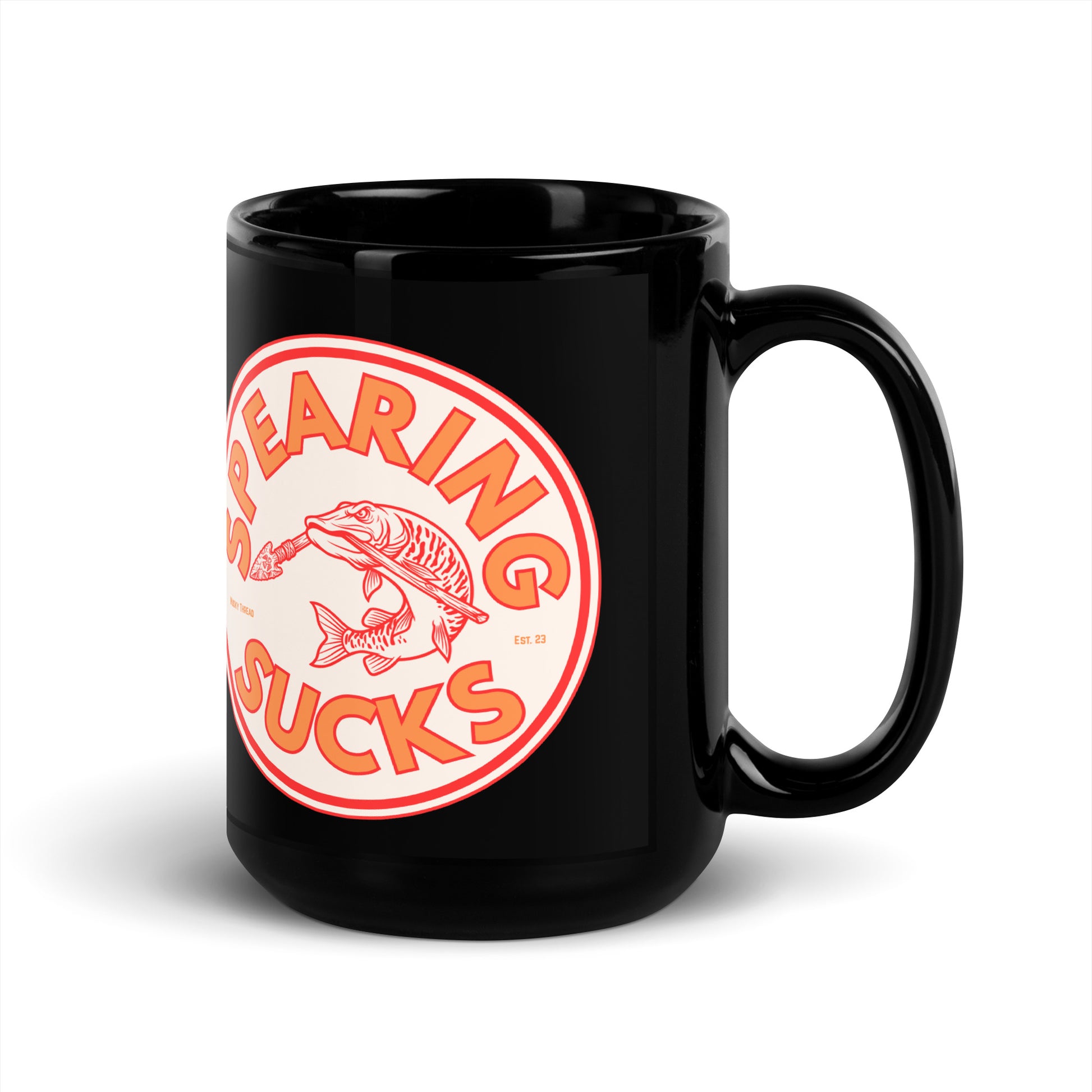 Black 15oz mug with Spearing Sucks musky fishing badge design in orange and red - Musky Thread
