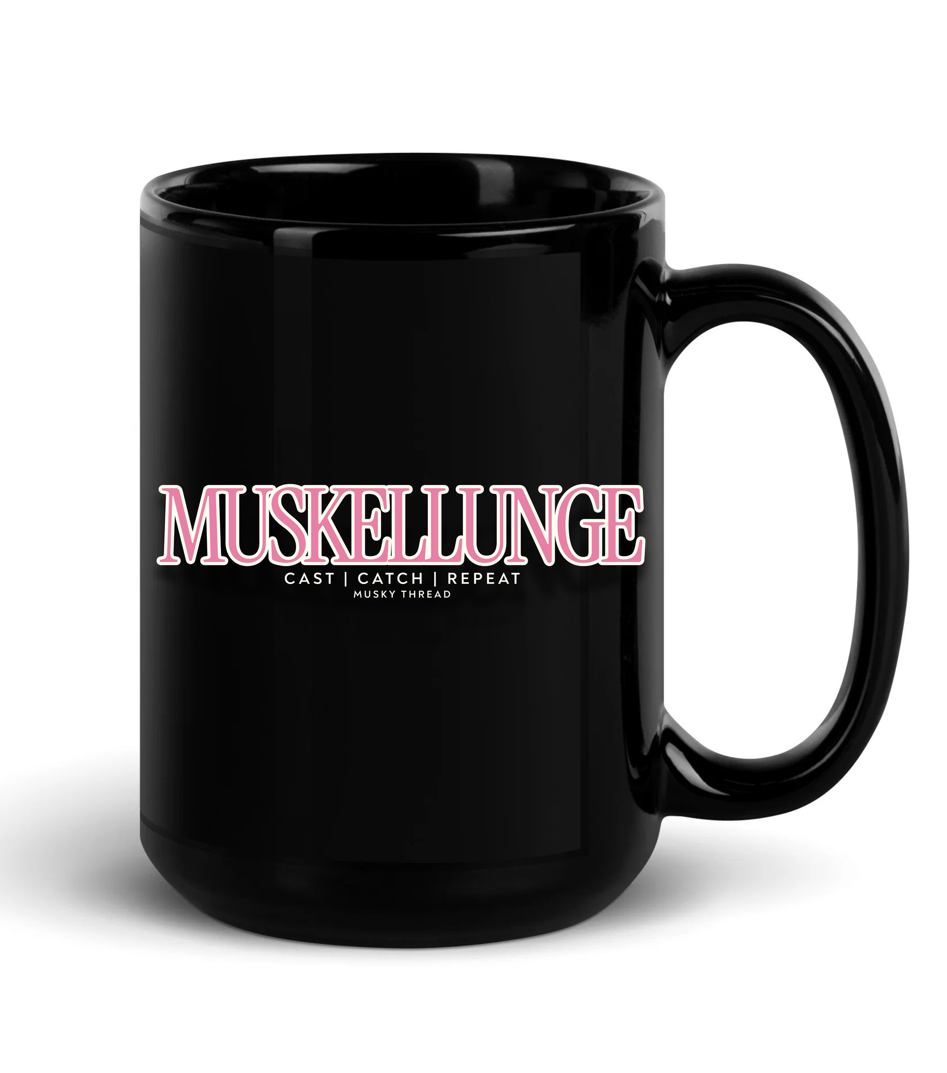 Black ceramic Muskellunge fishing mug with pink "Cast Catch Repeat" design, musky fishing gift for anglers