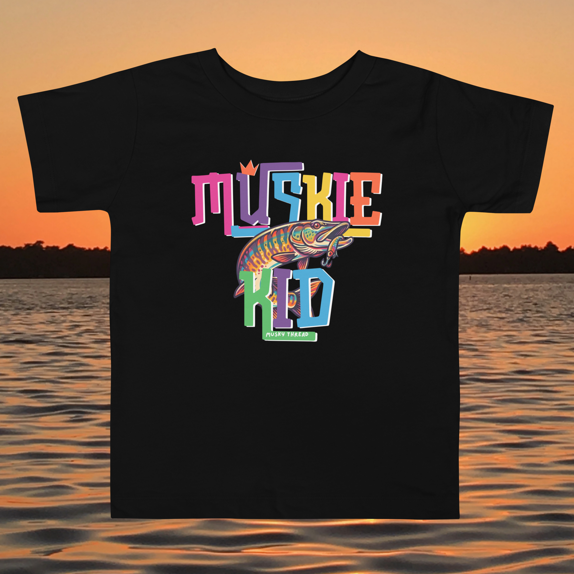 toddler t-shirt with colorful Muskie Kid street-design graphic featuring a jumping musky fish