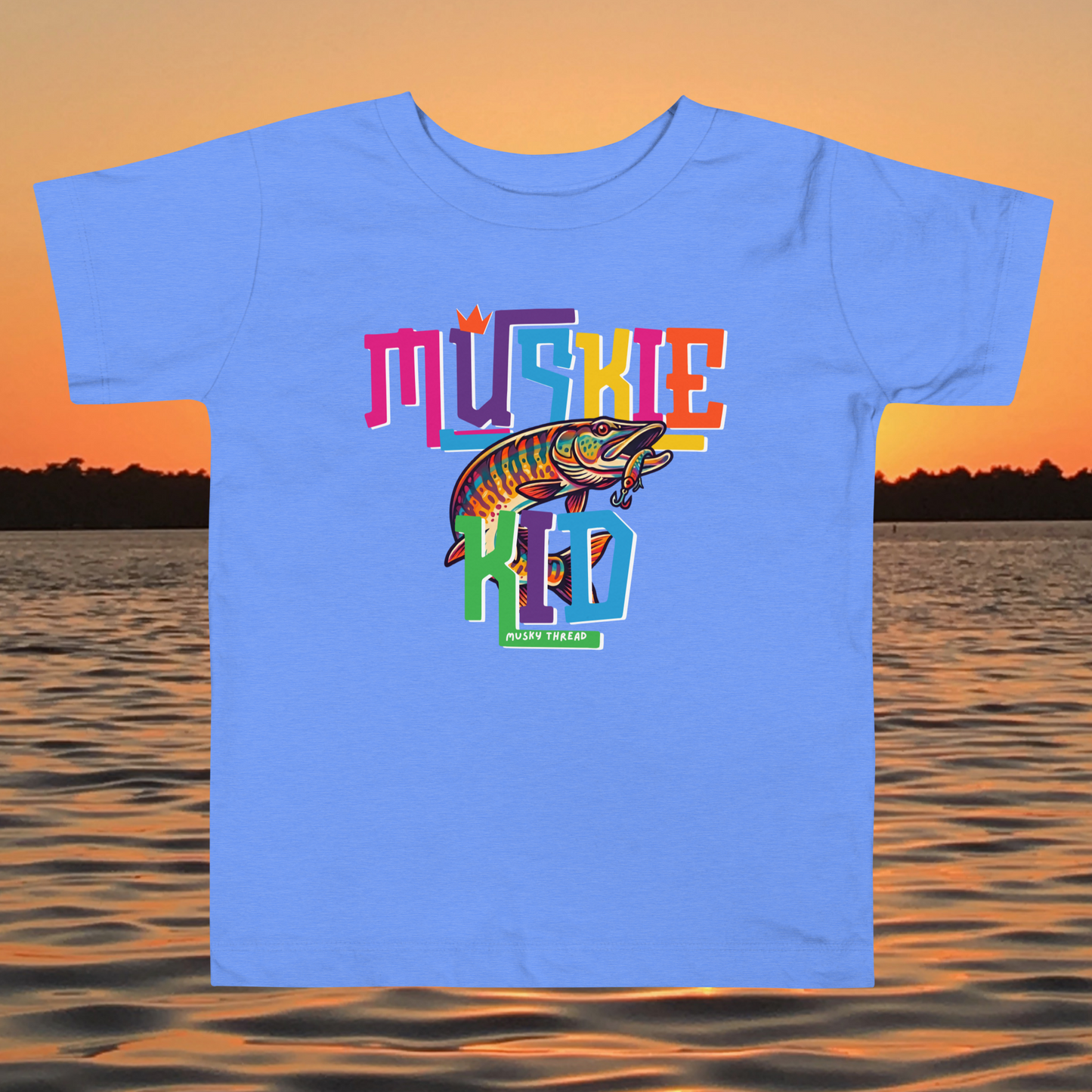 toddler t-shirt with colorful Muskie Kid street-design graphic featuring a jumping musky fish