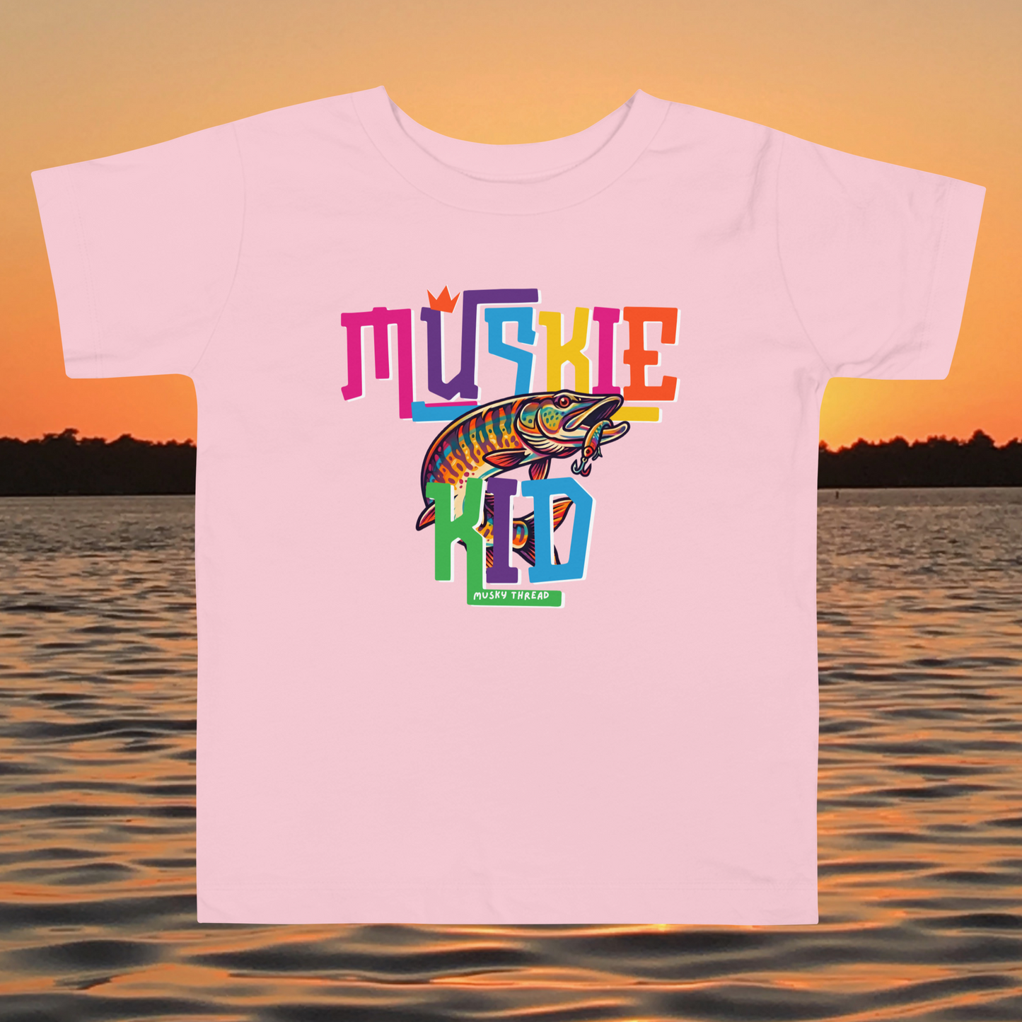 toddler t-shirt with colorful Muskie Kid street-design graphic featuring a jumping musky fish