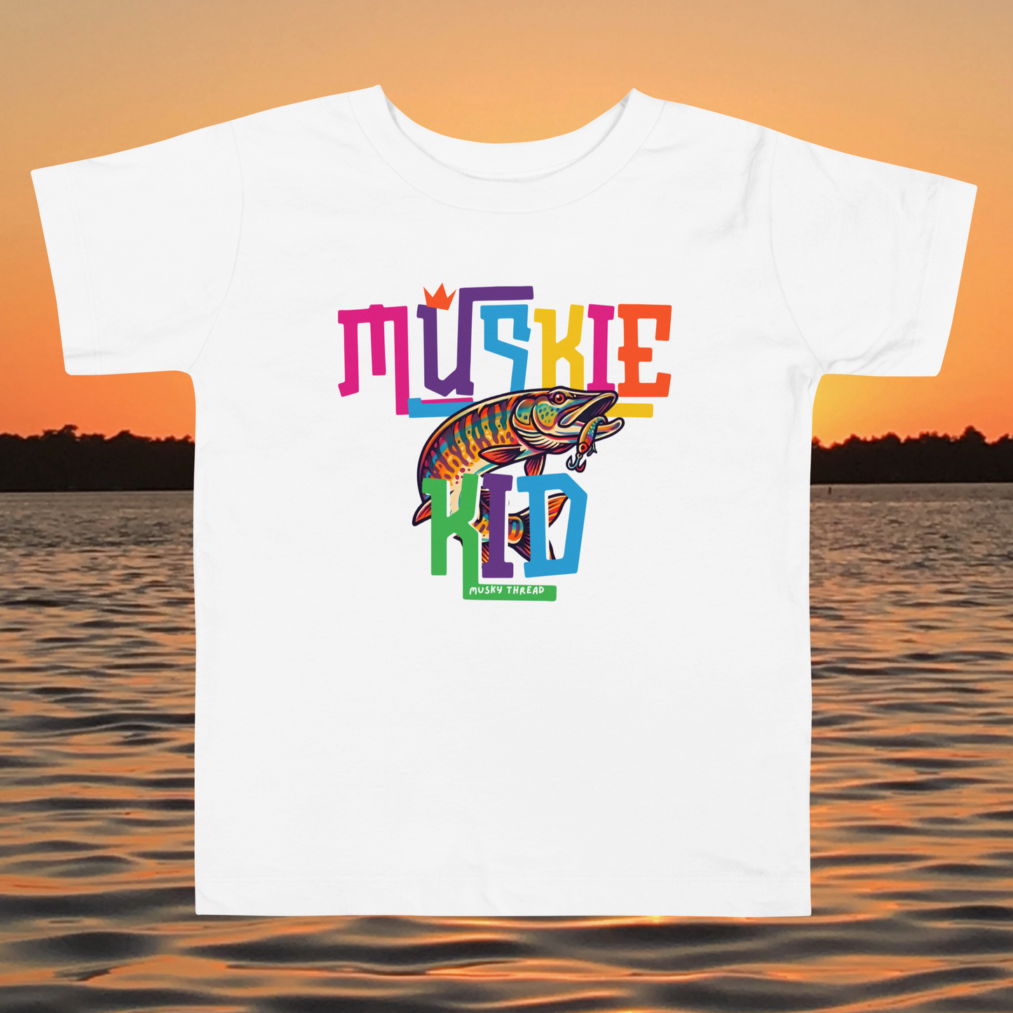 toddler t-shirt with colorful Muskie Kid street-design graphic featuring a jumping musky fish