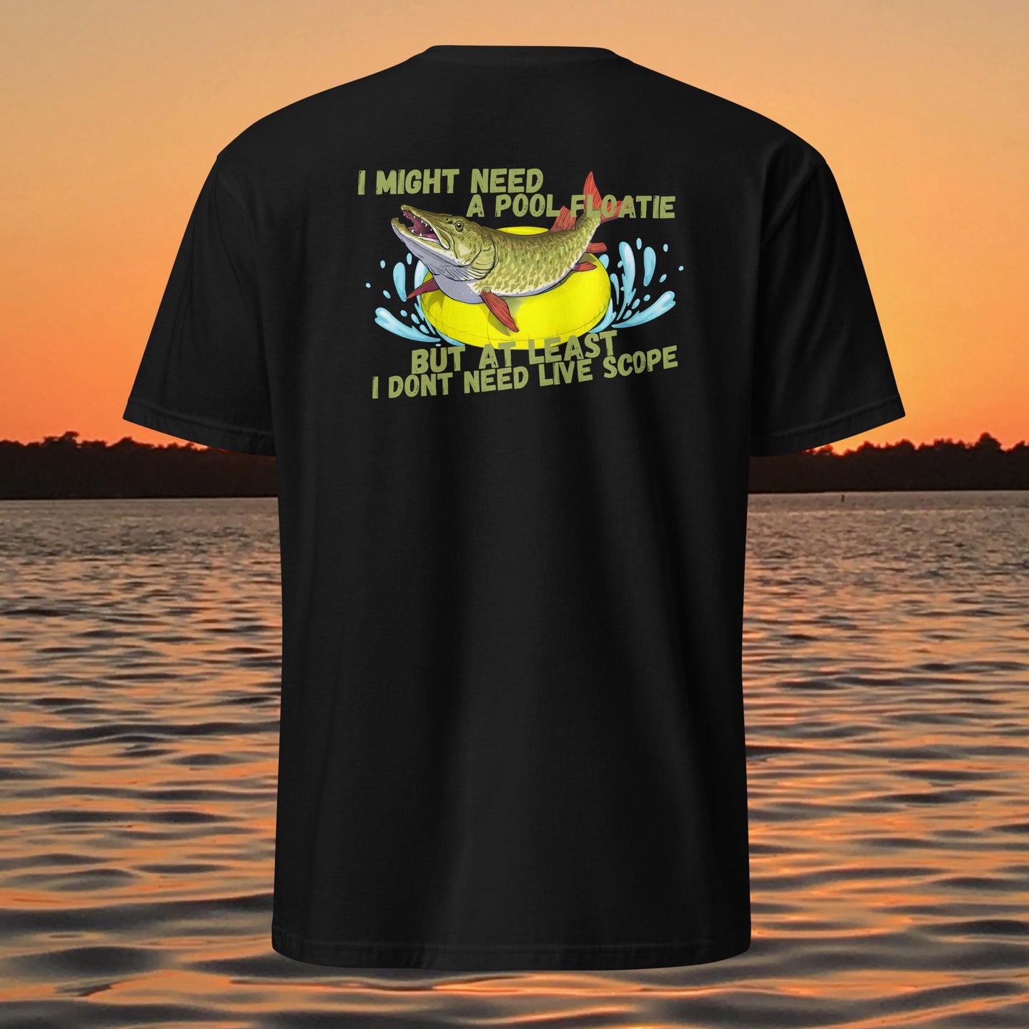funny muskie fishing shirt pool floatie no livescope musky graphic tee black