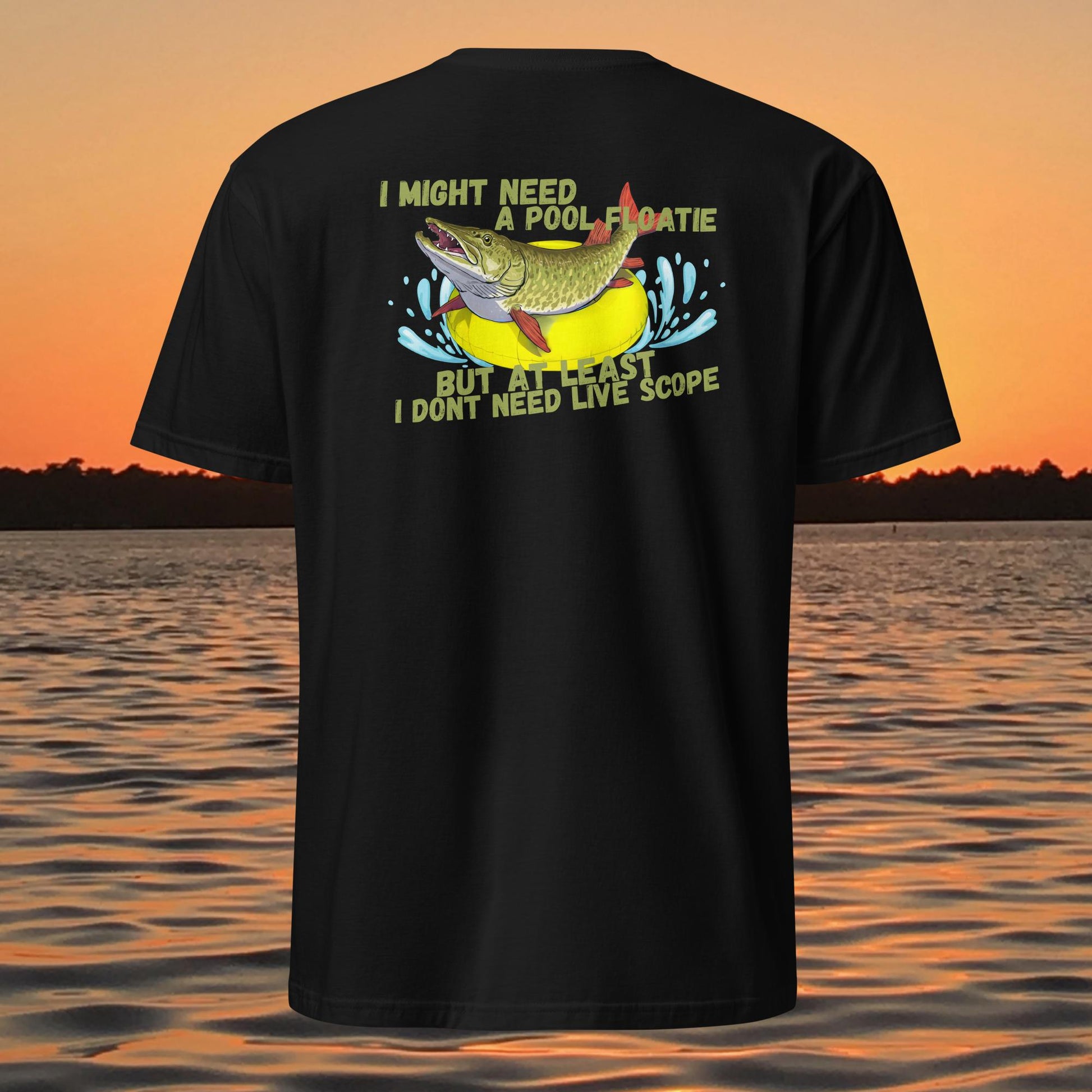 funny muskie fishing shirt pool floatie no livescope musky graphic tee black