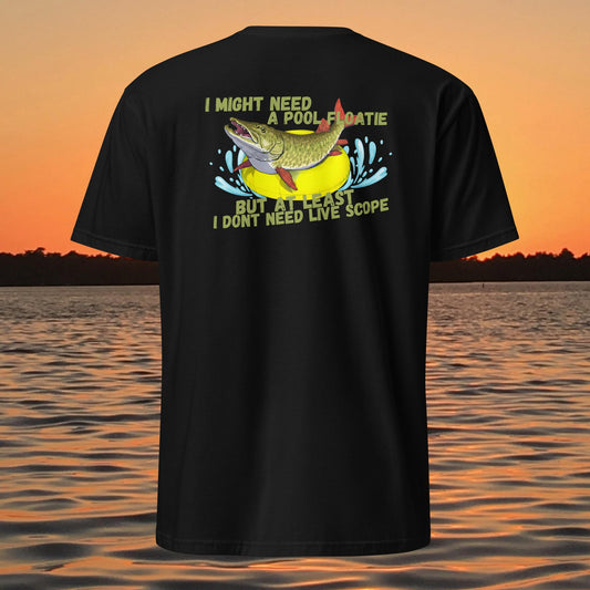 funny muskie fishing shirt pool floatie no livescope musky graphic tee black