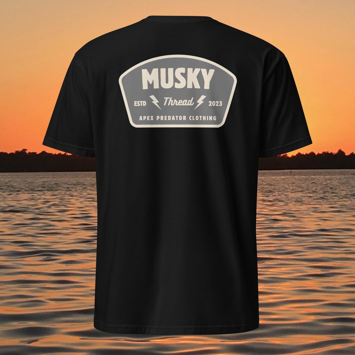 t shirt with musky thread apex predator badge style design on back
