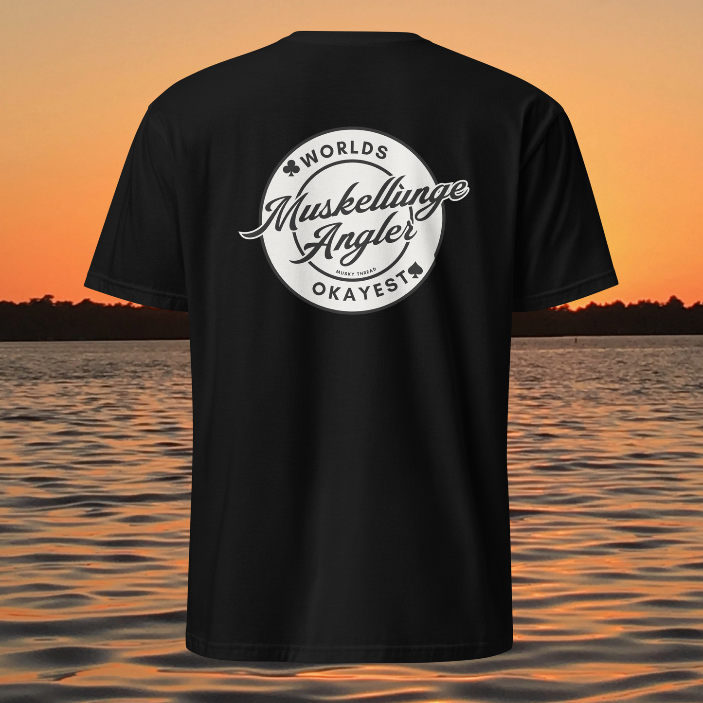 t-shirt with 'Worlds Okayest Muskellunge Angler' logo on back, musky fishing shirt by Musky Thread