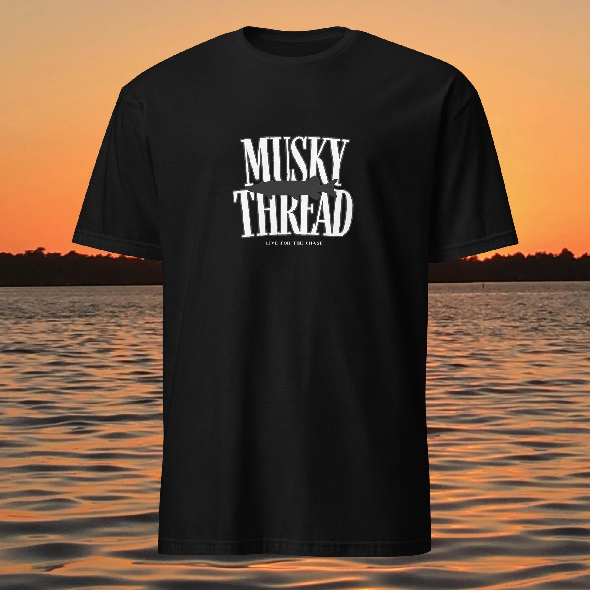 Musky fishing shirt musky thread stamped logo design on black shirt