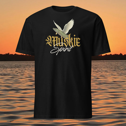musky fishing shirt muskie spirit design flying fish graphic on black shirt