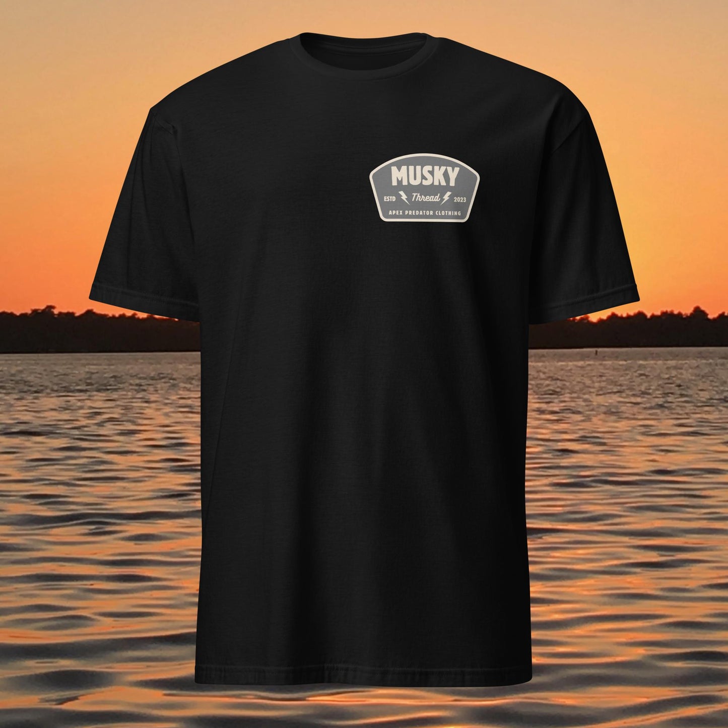 t shirt with musky thread apex predator badge style design on back
