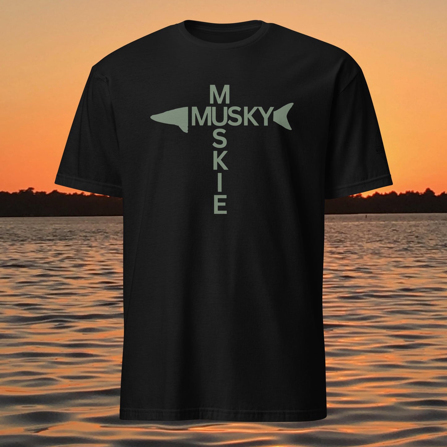 t shirt with musky cross text design forming a cross with musky silhouette
