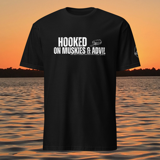 musky fishing t shirt with hooked on muskies and advil text design
