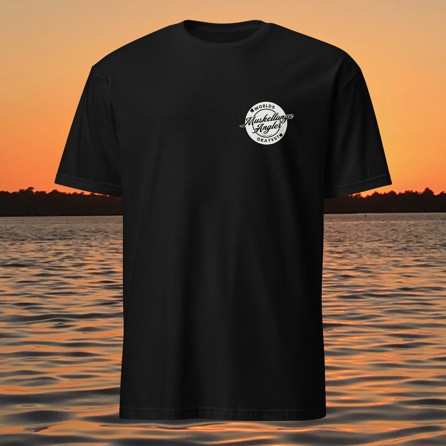 t-shirt with 'Worlds Okayest Muskellunge Angler' logo on back, musky fishing shirt by Musky Thread