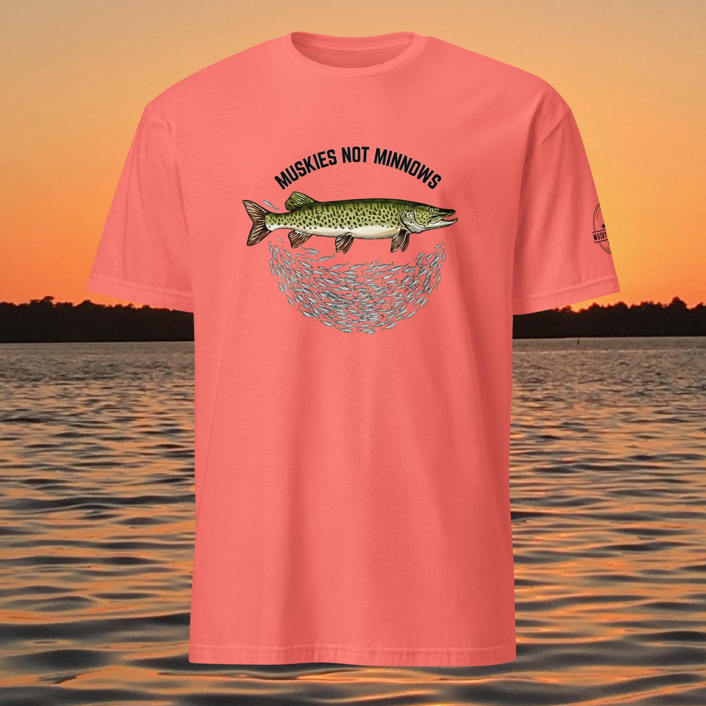 musky fishing t shirt with muskie above baitfish school design
