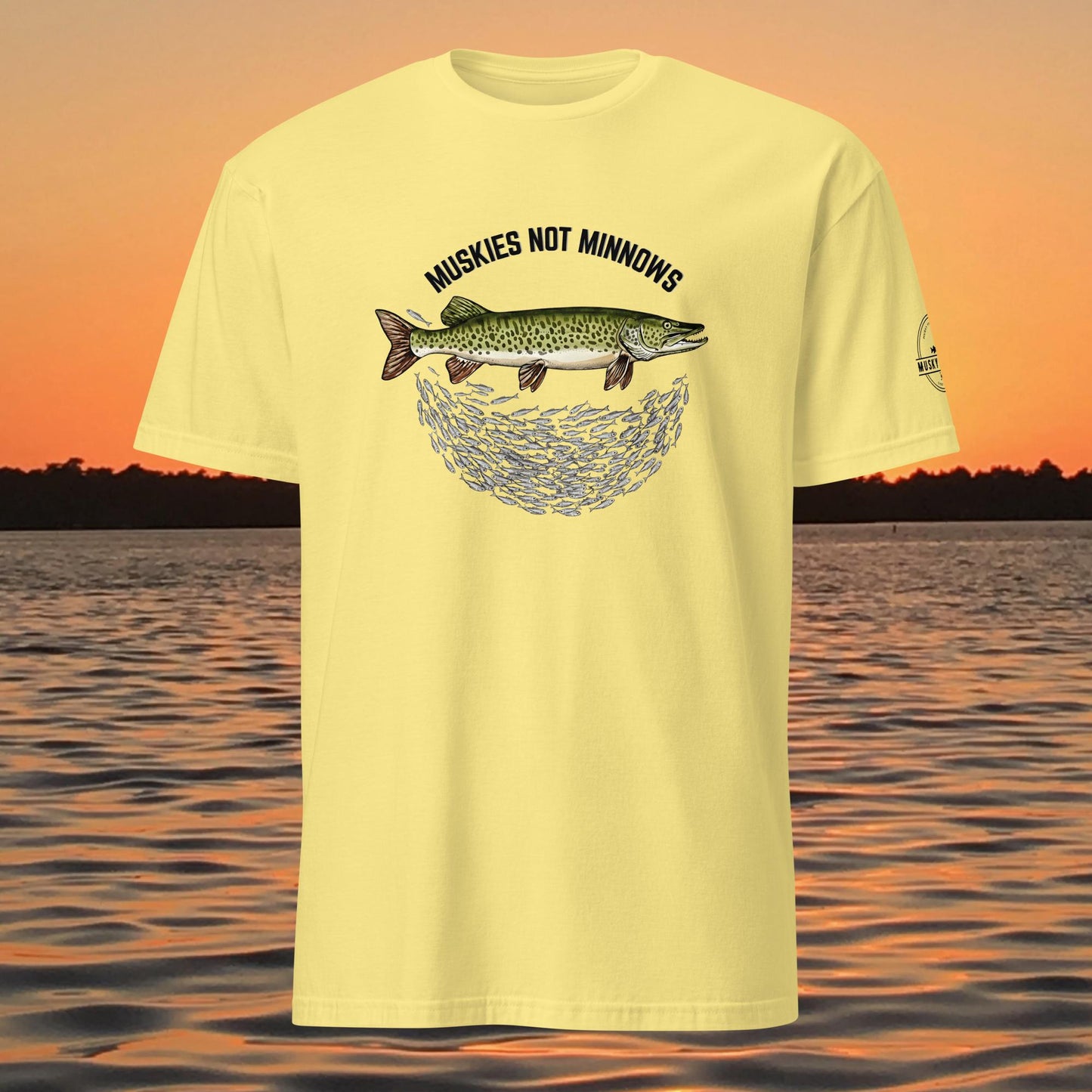 musky fishing t shirt with muskie above baitfish school design
