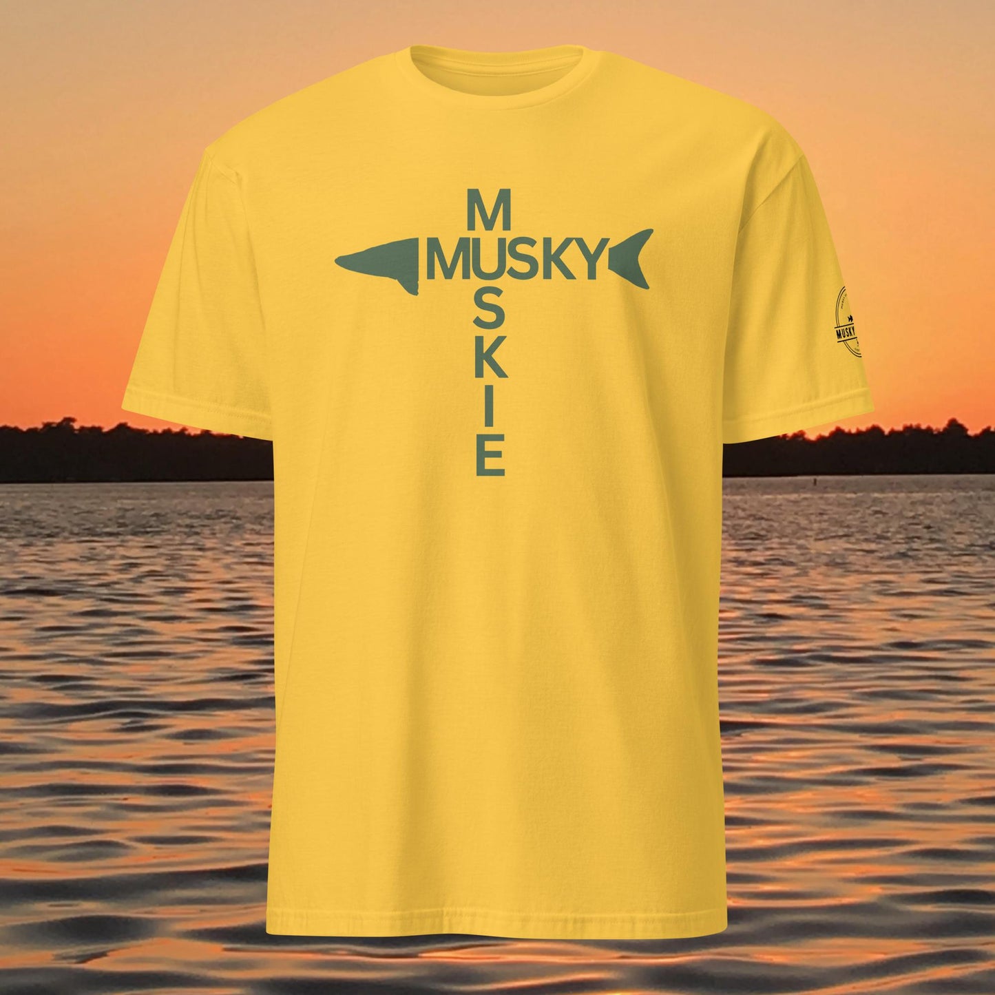 t shirt with musky cross text design forming a cross with musky silhouette
