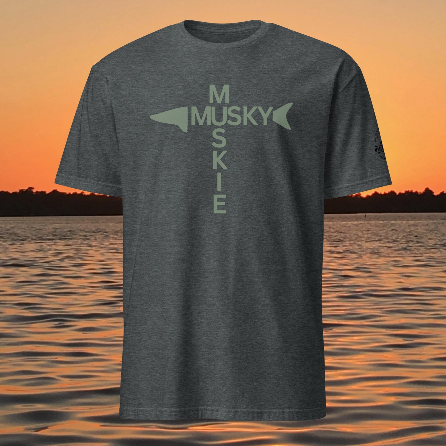 t shirt with musky cross text design forming a cross with musky silhouette
