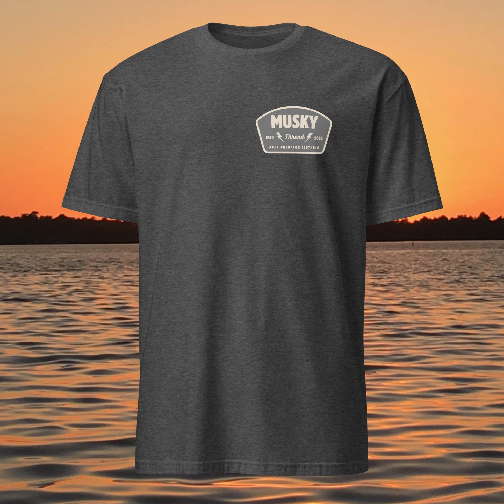 t shirt with musky thread apex predator badge style design on back
