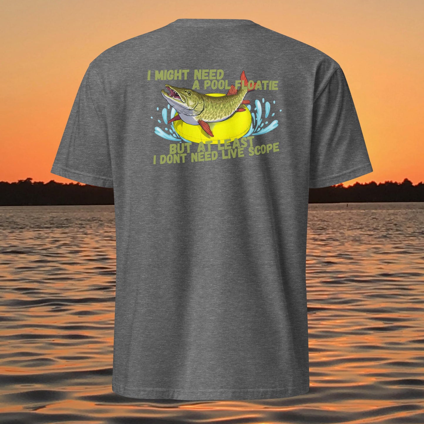 funny muskie fishing shirt pool floatie no livescope musky graphic tee dark grey