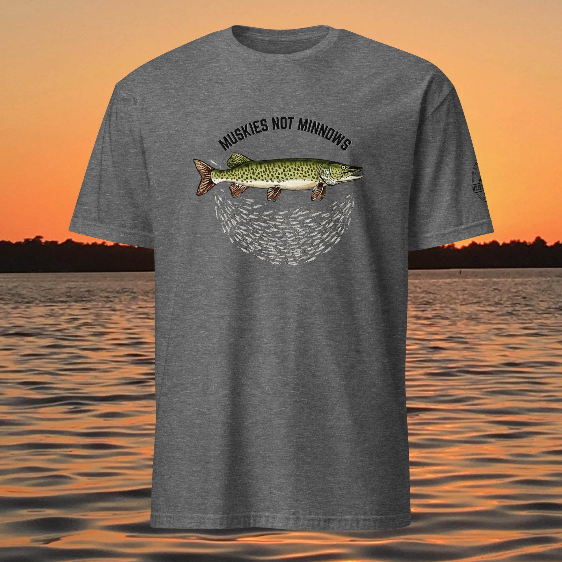 musky fishing t shirt with muskie above baitfish school design
