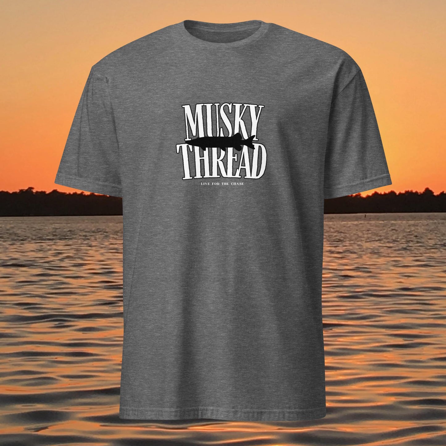 musky fishing shirt musky thread stamped logo design on dark grey shirt