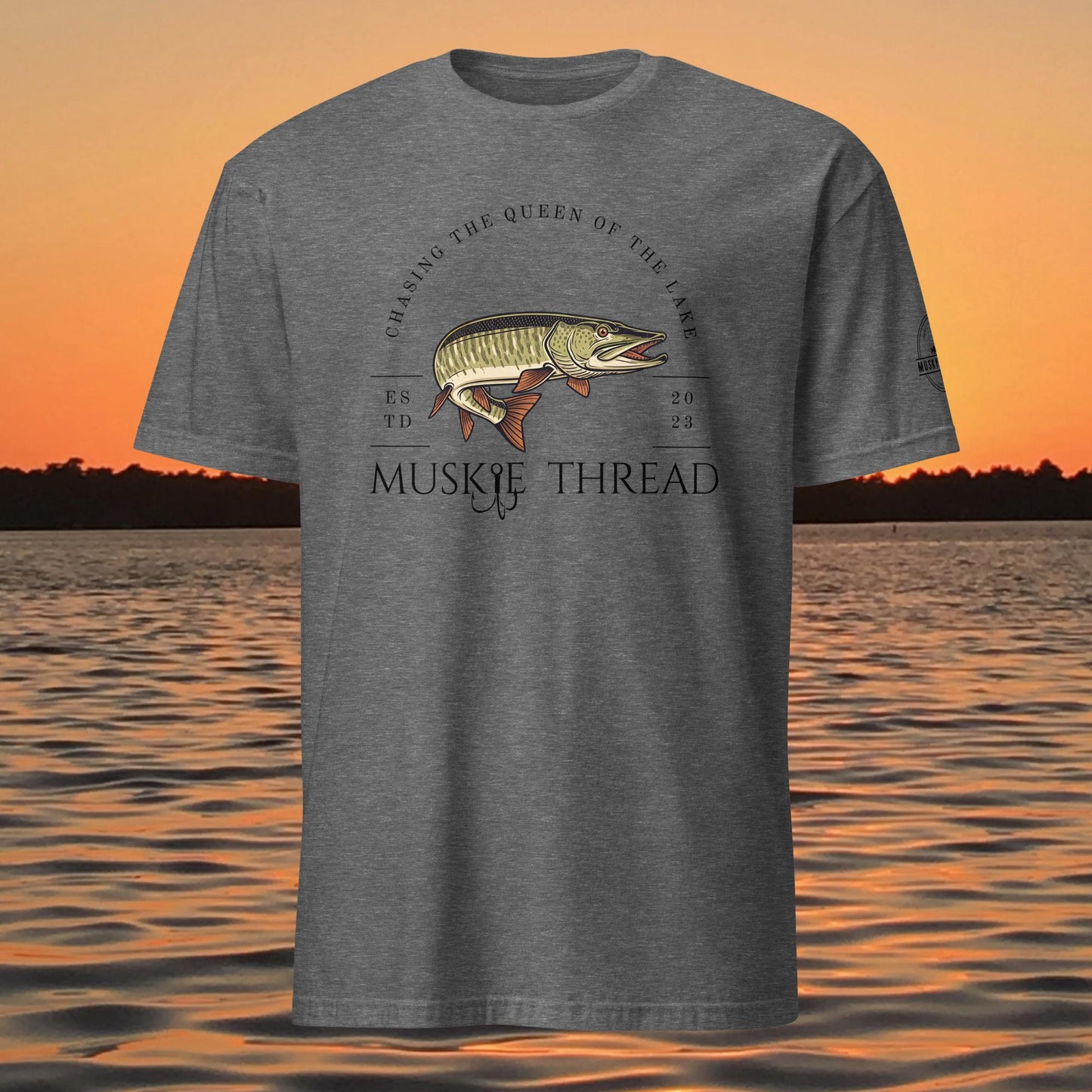 musky thread chasing the queen muskie fishing t shirt dark grey