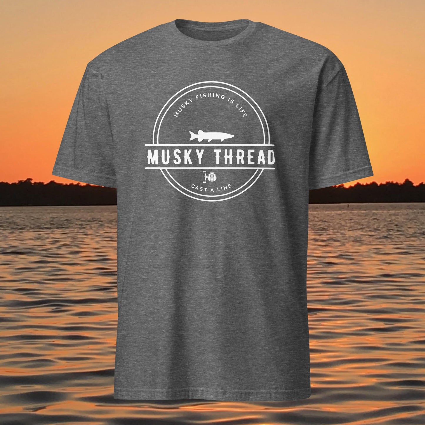 musky thread classic muskie fishing logo t shirt dark grey