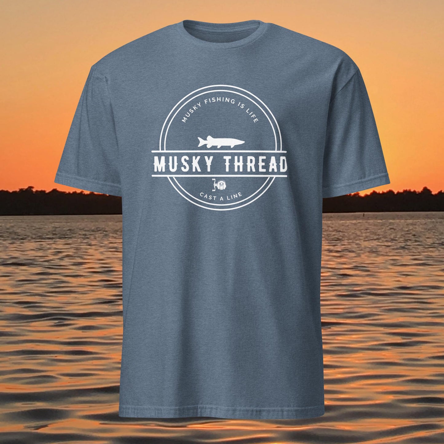 musky thread classic muskie fishing logo t shirt blue