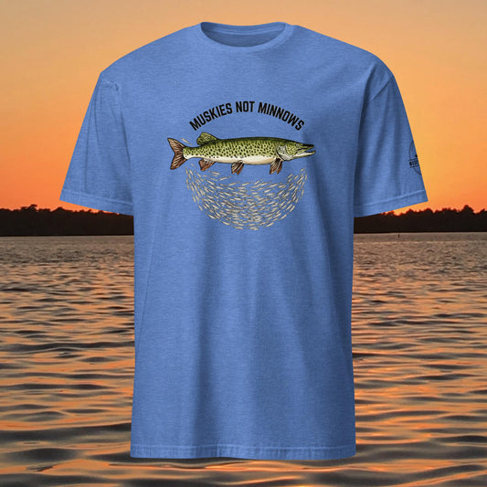 musky fishing t shirt with muskie above baitfish school design
