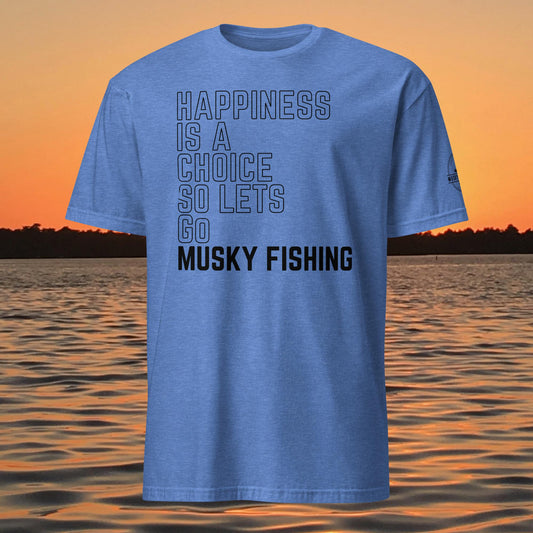 muskie fishing shirt happiness is a choice musky fishing graphic tee blue