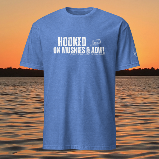 musky fishing t shirt with hooked on muskies and advil text design
