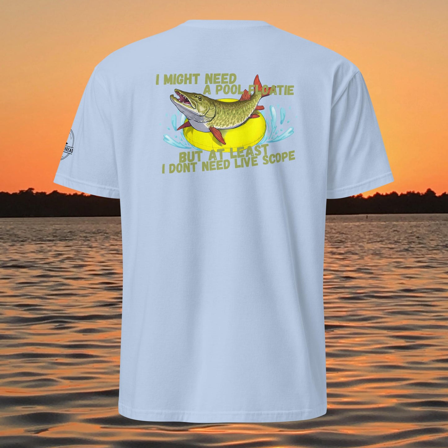 funny muskie fishing shirt pool floatie no livescope musky graphic tee light blue