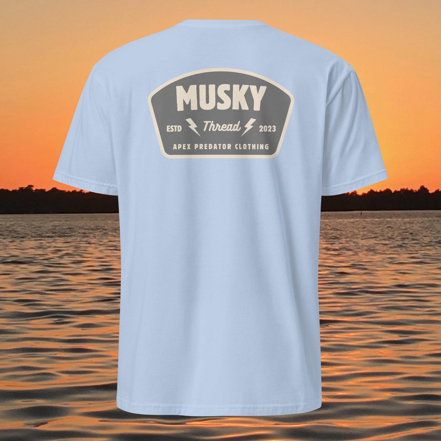 t shirt with musky thread apex predator badge style design on back
