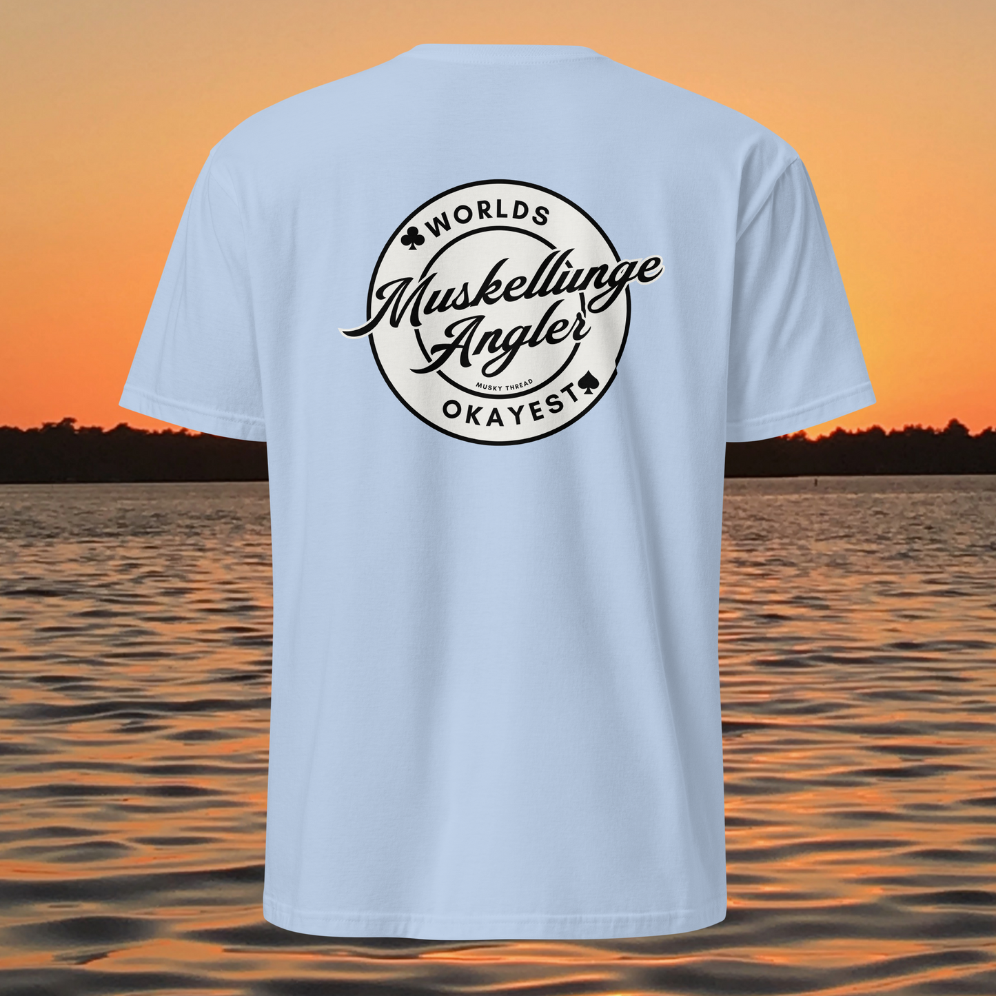 t-shirt with 'Worlds Okayest Muskellunge Angler' logo on back, musky fishing shirt by Musky Thread