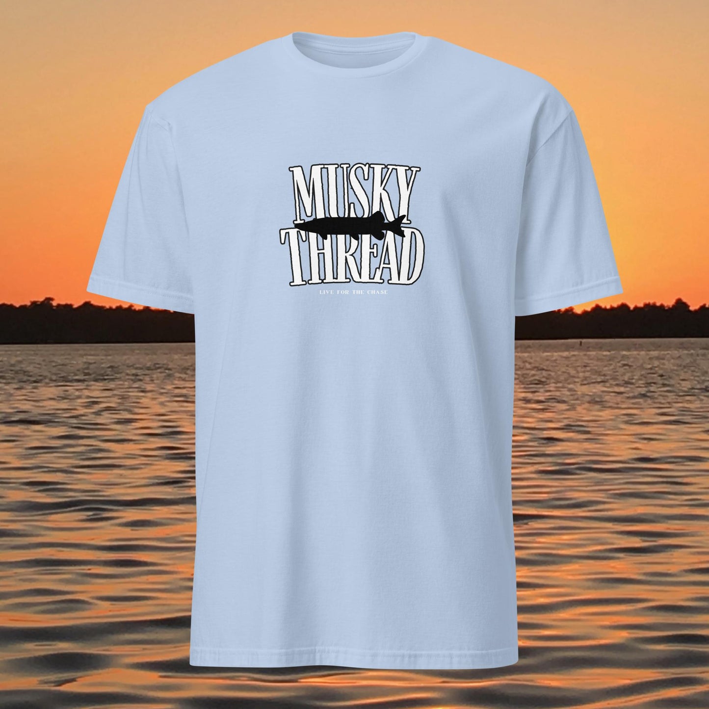 musky fishing shirt musky thread stamped logo design light blue shirt