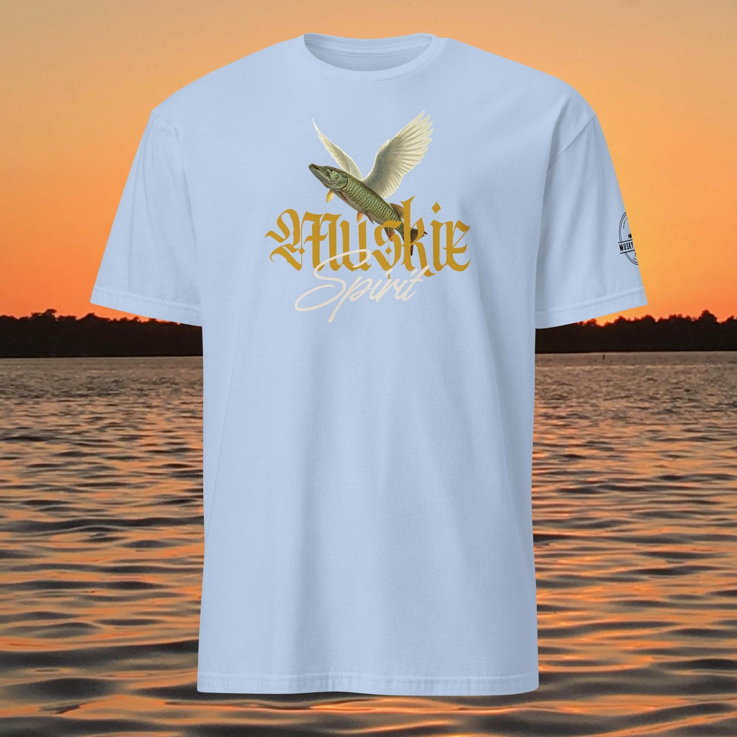 musky fishing shirt muskie spirit design flying fish graphic on light blue 
shirt
