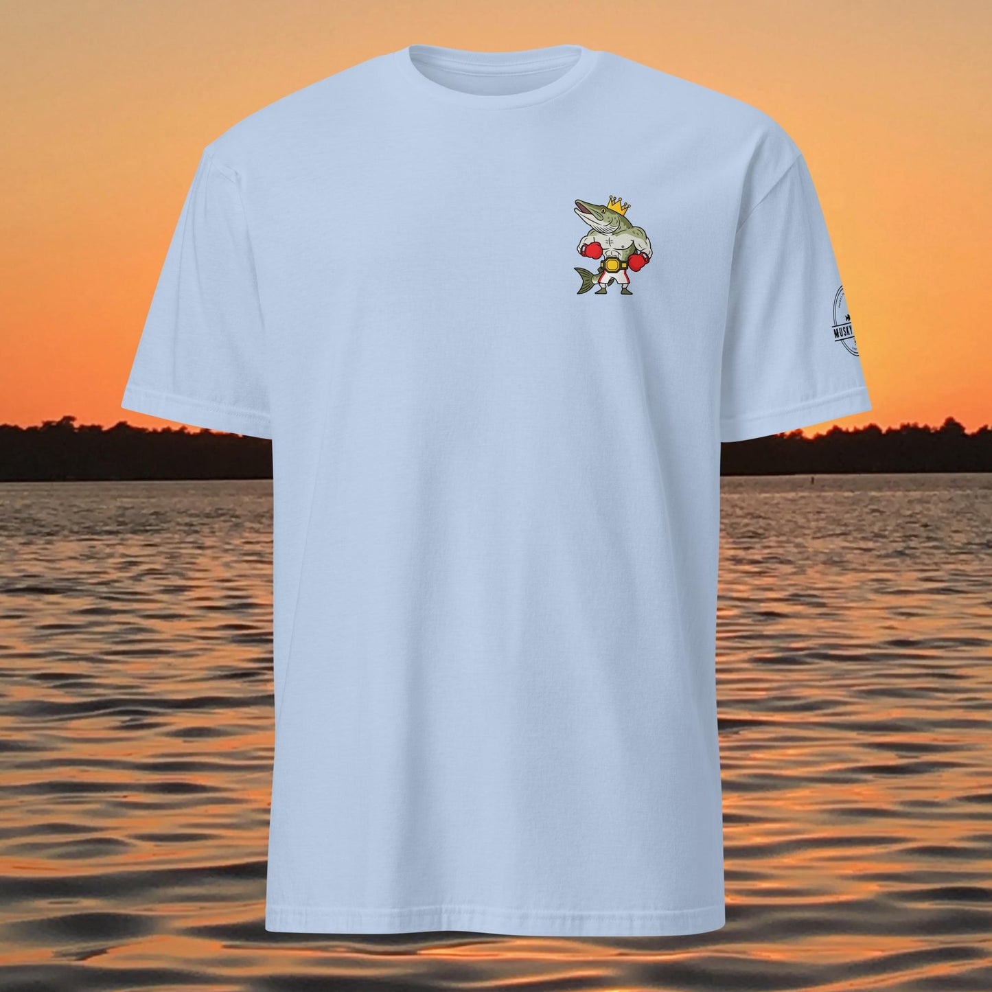 funny muskie fishing shirt fresh water champ musky graphic tee light blue