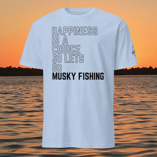muskie fishing shirt happiness is a choice musky fishing graphic tee light blue