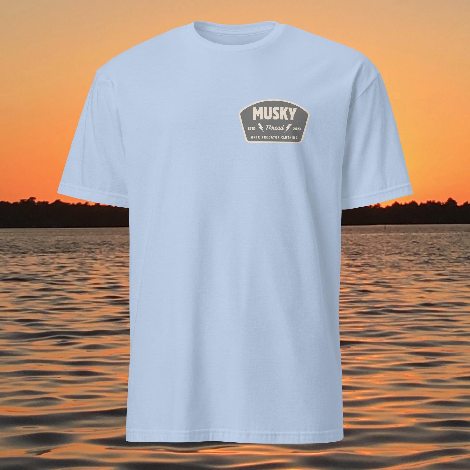 t shirt with musky thread apex predator badge style design on back
