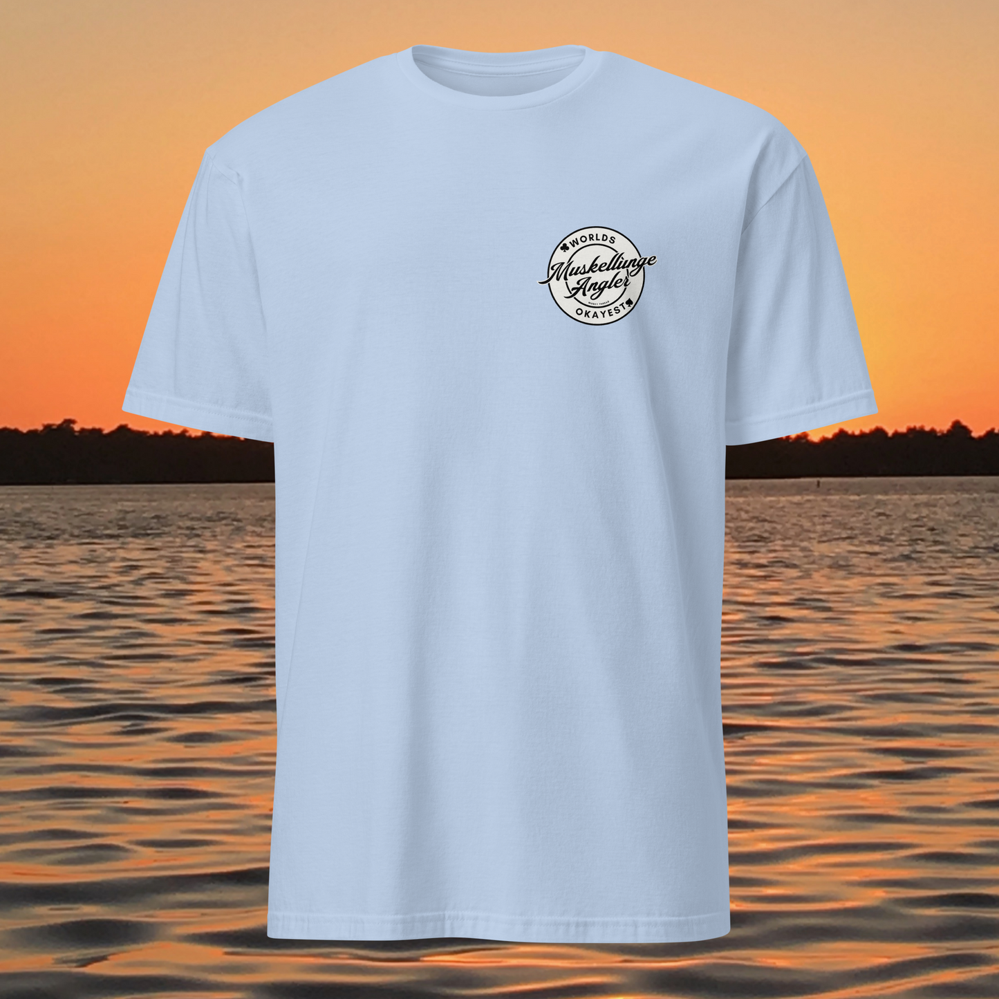 t-shirt with 'Worlds Okayest Muskellunge Angler' logo on back, musky fishing shirt by Musky Thread