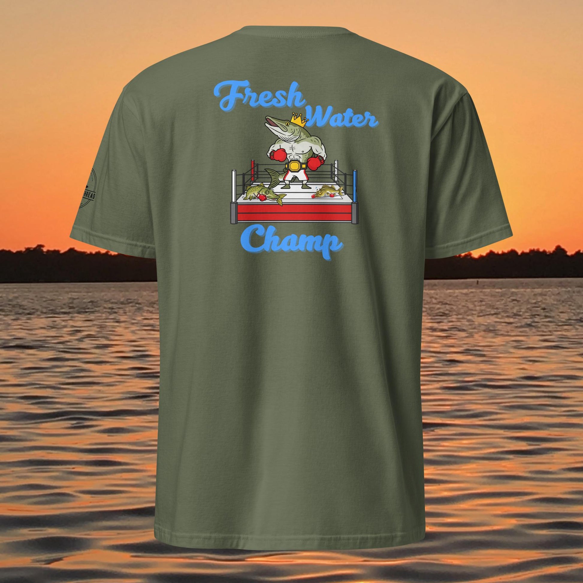 funny muskie fishing shirt fresh water champ musky graphic tee green
