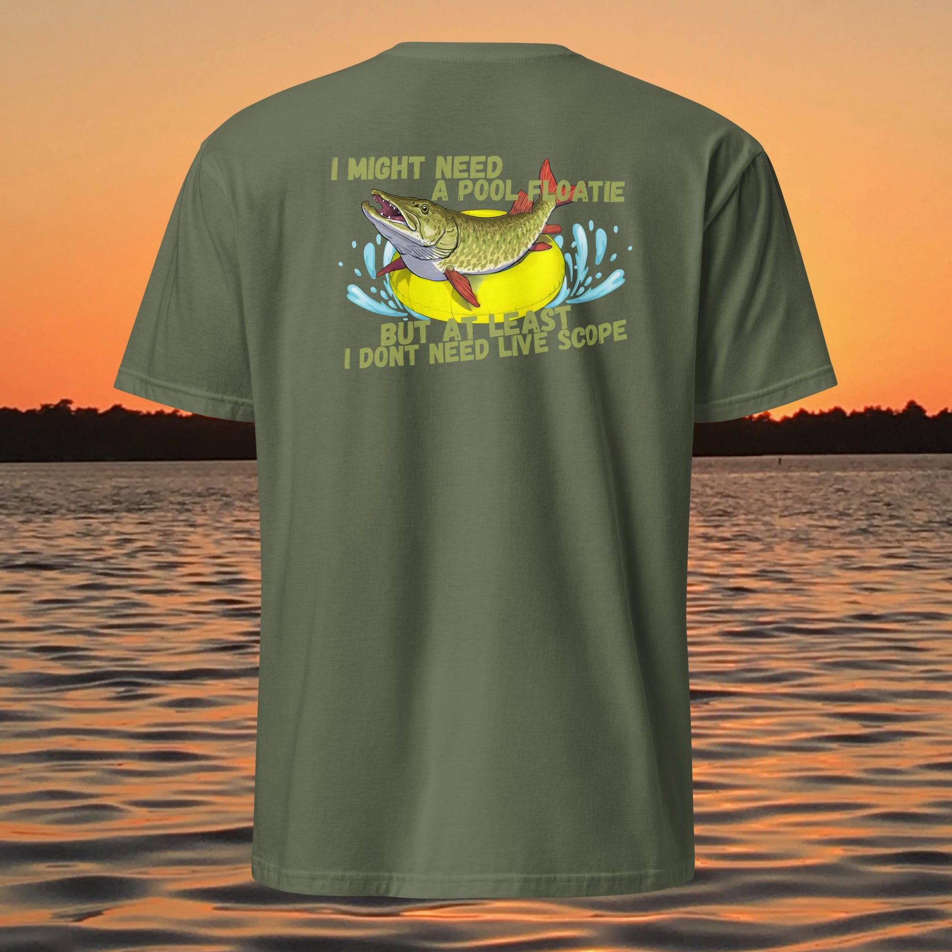 funny muskie fishing shirt pool floatie no livescope musky graphic tee green