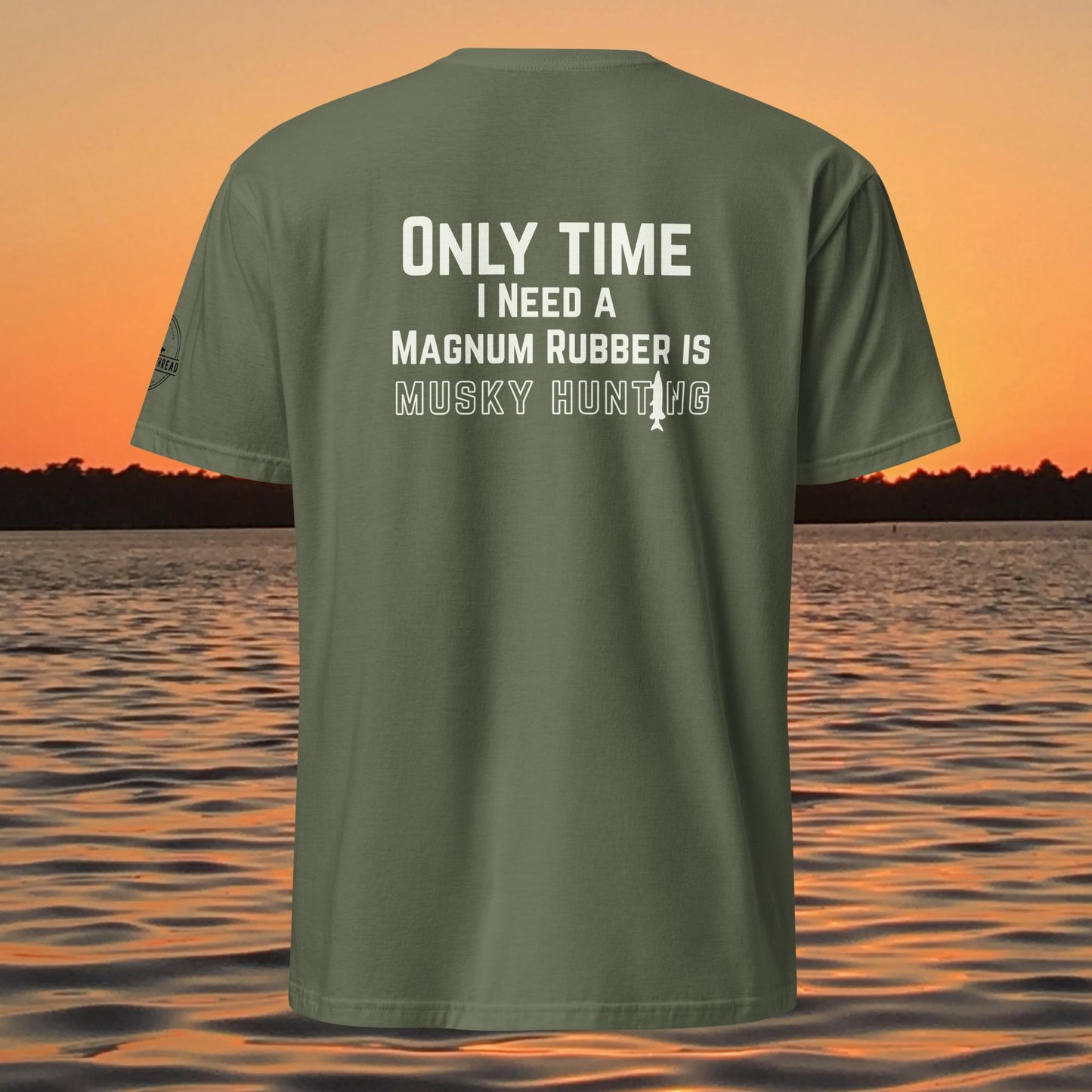 funny muskie fishing shirt musky hunting magnum rubber design back print green